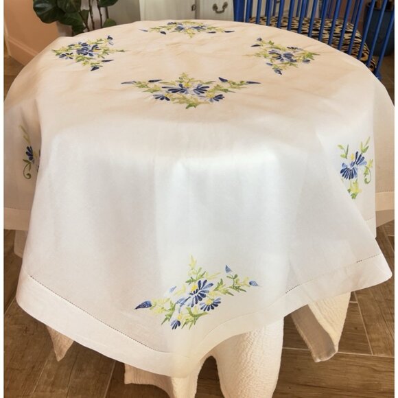 VTG Embroidered Sheer Table Cover 4 Matching Beverage Napkins Blue Green Floral - Picture 2 of 16